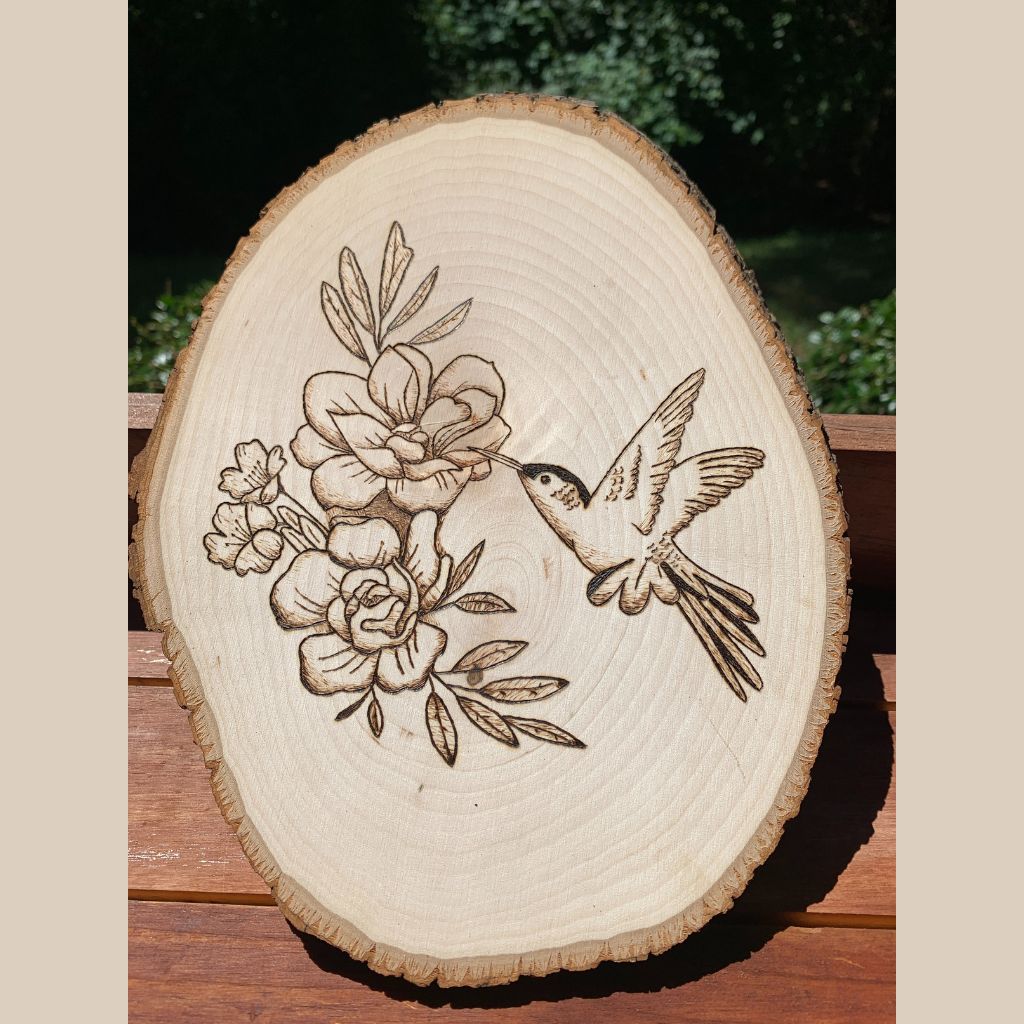 Hummingbird Gathering Nectar Handmade Wood Burning Art