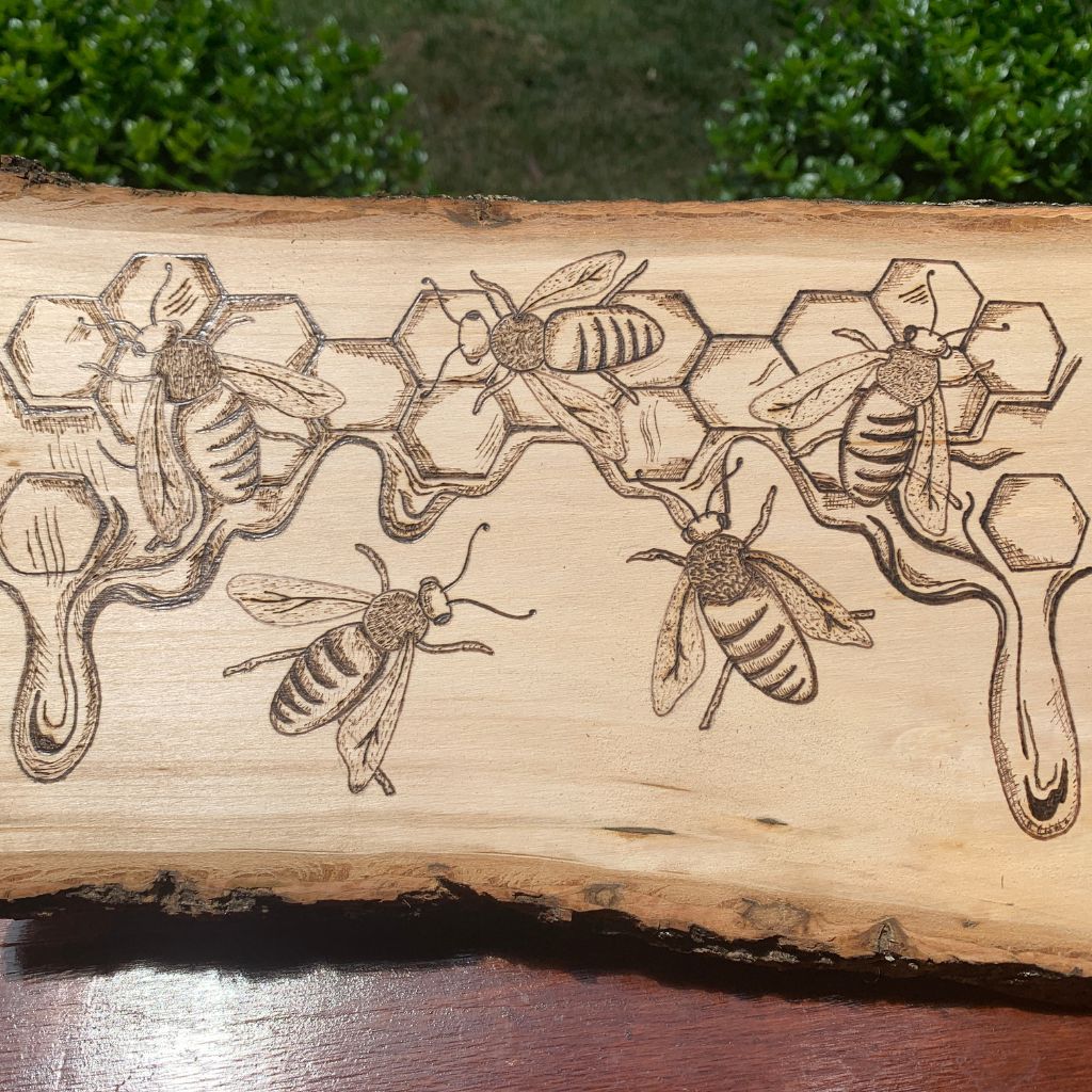 Handmade Honeybees and Comb Woodburn Art