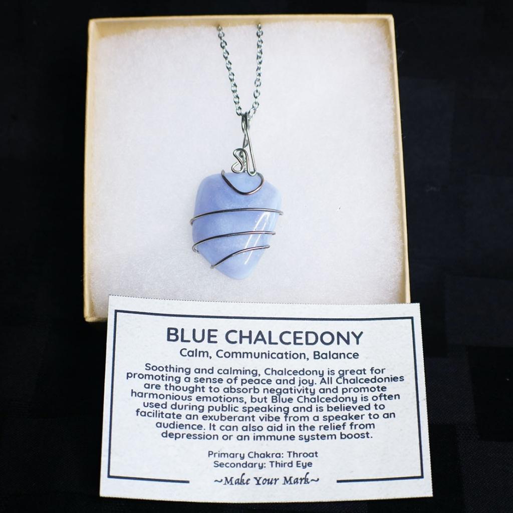 Polished Blue Chalcedony Stone With Wire Wrapping and Silver Chain