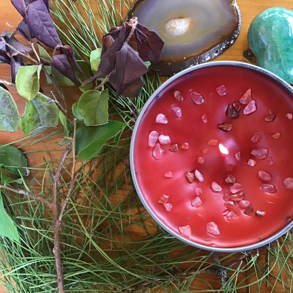 Red Magickal Healing Crystal Candles with Herbs and Essential Oils for Emotional Healing