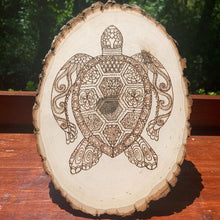Load image into Gallery viewer, Tribal Turtle Woodburn Art on Live Edge Wood Wall Art Handmade, Pyrography Turtle
