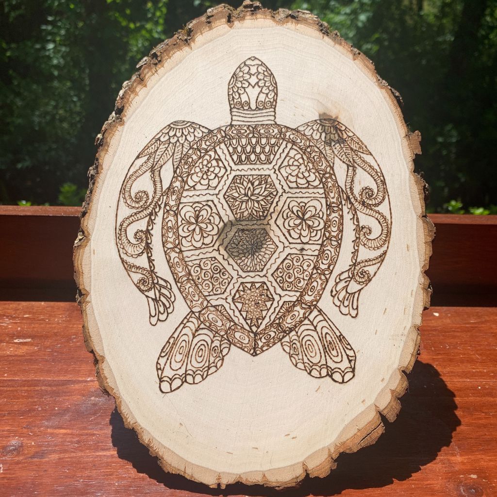Tribal Turtle Woodburn Art on Live Edge Wood Wall Art Handmade, Pyrography Turtle
