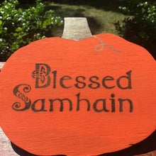 Load image into Gallery viewer, Samhain Blessings Wood Pumpkin Wall Hanging Woodburn Art
