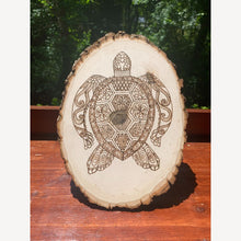 Load image into Gallery viewer, Tribal Turtle Woodburn Art on Live Edge Wood Wall Art Handmade, Pyrography Turtle
