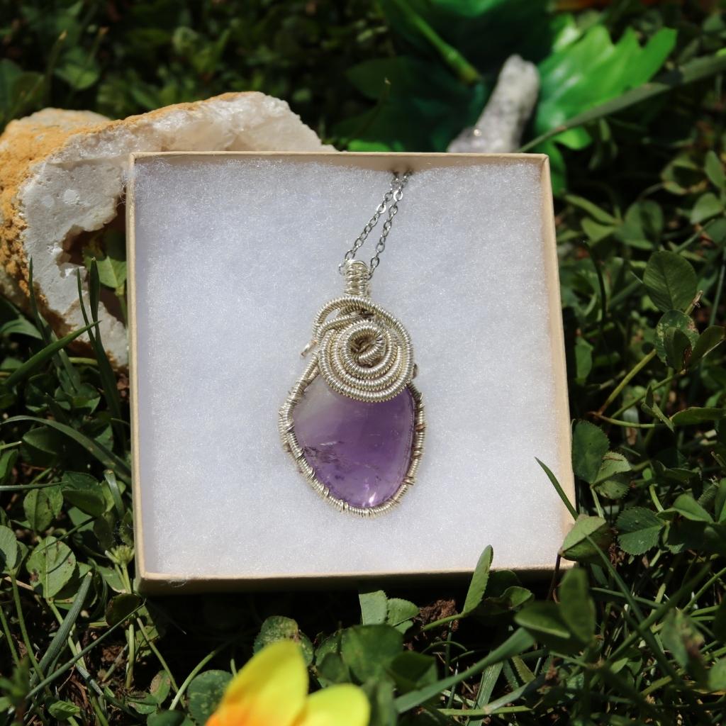 Polished Amethyst Stone With Gold Wire Wrapping and Gold Chain