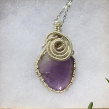 Load image into Gallery viewer, Polished Amethyst Stone With Gold Wire Wrapping and Gold Chain
