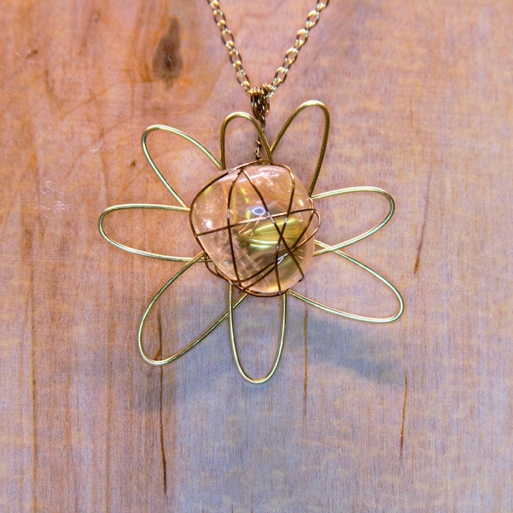 Citrine Wire Wrap Pendant With Gold Flower-Shaped Wire Wrap