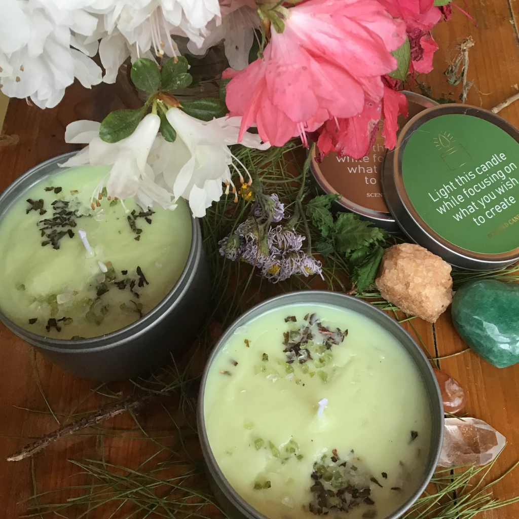 Green Crystal Healing Candles with Herbs and Essential Oils for Immunity Strength