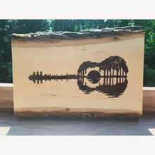 Load image into Gallery viewer, Woodburn Art of a Guitar and Nature Scene on LiveEdge Wood
