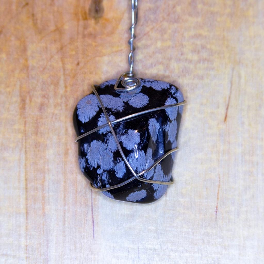 Polished Snowflake Obsidian Crystal With Silver Wire Wrapping and Silver Chain